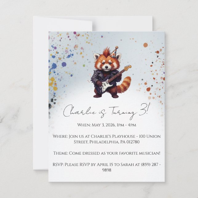 Red Panda Rocker Birthday Invitation (Anverso)