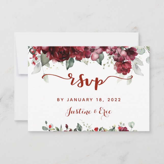 Red Peony Epiphany Boda Mail Back RSVP Card (Anverso)