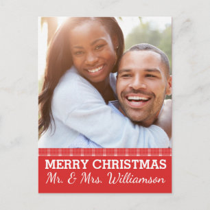 Red Plaid Feliz Navidad Mr & Mrs Photo Postcard