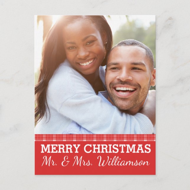Red Plaid Feliz Navidad Mr & Mrs Photo Postcard (Anverso)