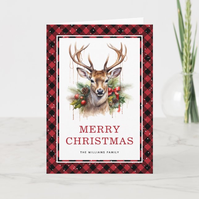 Red Plaid Watercolor Deer Feliz Navidad (Anverso)