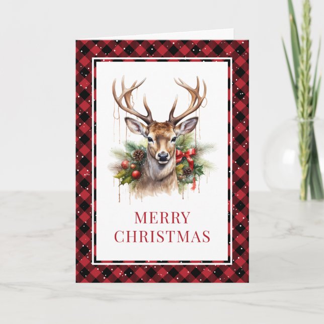 Red Plaid Watercolor Deer Feliz Navidad (Anverso)