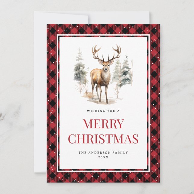 Red Plaid Watercolor Deer Snowowy Feliz Navidad (Anverso)