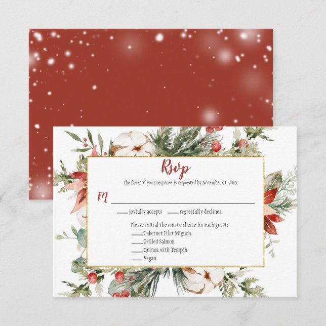 Red Poinsettia Evergreen Navidades Gold RSVP (Anverso / Reverso)