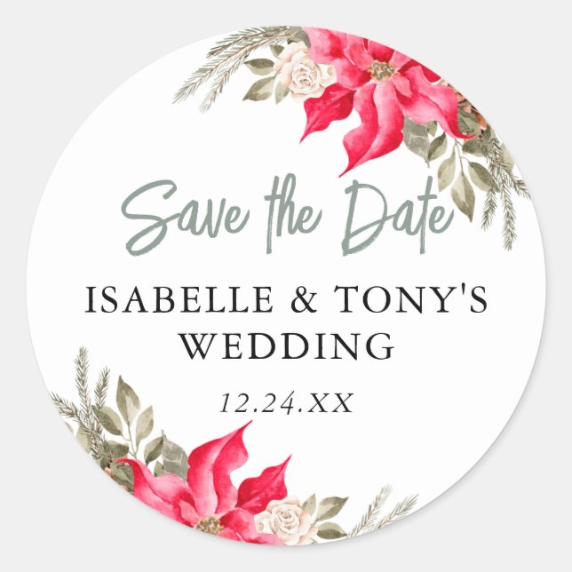 Red Poinsettia Save the Date Personalizado Sello p (Anverso)