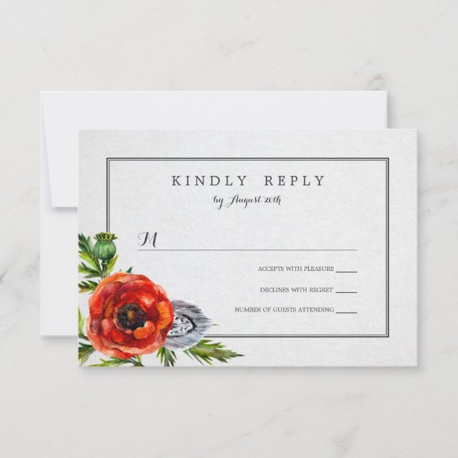 Red Poppies Floral Watercolor Wedding RSVP (Anverso)