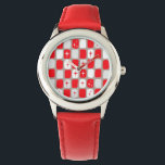 Red Retro Starburla el reloj de niños<br><div class="desc">Este reloj de niños de los Starbursts Retro Rojo y Blanco es tan adorablemente espacioso que no podrás contener tu entusiasmo. ¿Y por qué querrías? Este diseño de inspiración moderna de mediados de los años 1960 presenta un fondo gris de cuero oscuro y filas de rectángulos perfectamente imperfectos en rojo...</div>