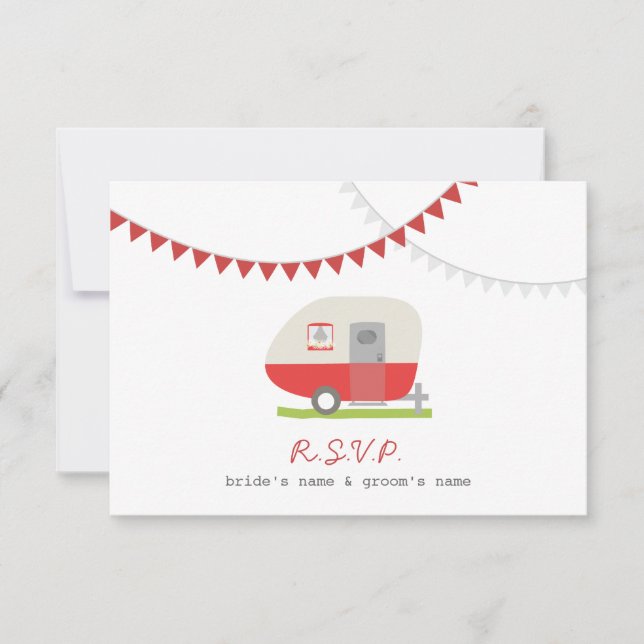 Red Retro Trailer & Bunting Wedding RSVP (Anverso)