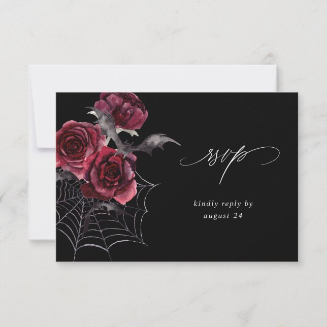 Red Rose & Bat Halloween Party w Meal RSVP Black (Anverso)