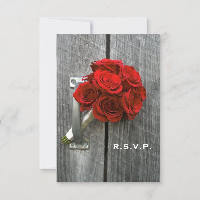 Red Rose Bouquet & Barn Wood Wedding RSVP (Anverso)