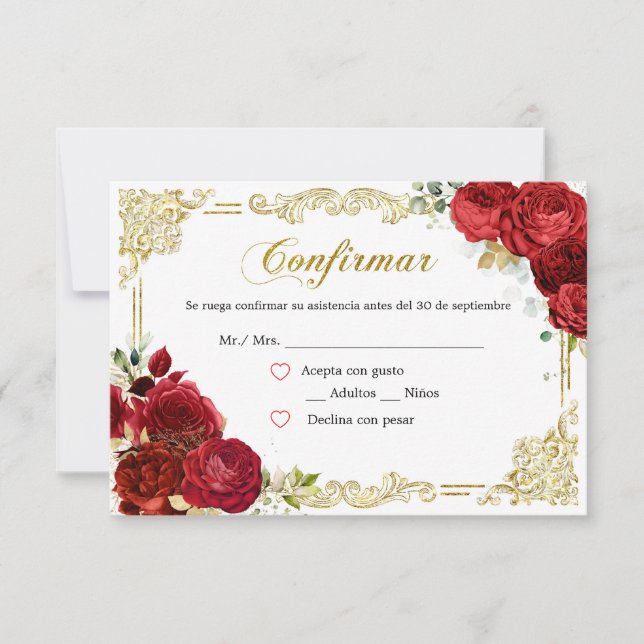 Red Rose Gold Quinceañera RSVP Card (Anverso)