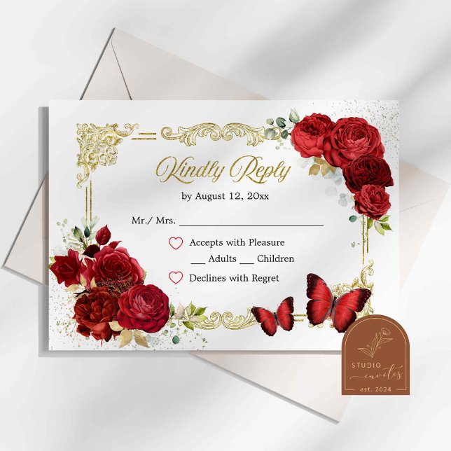 Red Rose Gold Quinceañera RSVP Card (Subido por el creador)