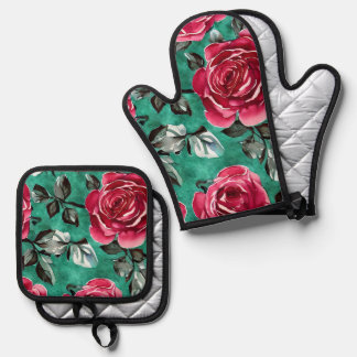 Red Rose Oven Mitt y Potholder Set