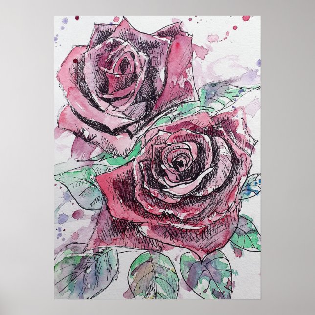 Red Rose Watercolor arte Rosa Naturaleza Poster Ja (Frente)