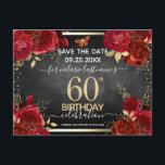 Red Roses 60 cumpleaños Guardar la postal de fecha<br><div class="desc">Rosas rojas,  falsas hojas de Relieve metalizado de oro,  minúscula mariposa roja y dorada. Elegante diseño floral para cualquier celebración de cumpleaños. Fácil de personalizar con plantilla. Magnífico guardar el diseño de la plantilla de cumpleaños de fecha.</div>