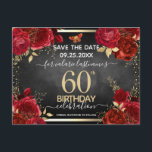 Red Roses 60 cumpleaños Guardar la postal de fecha<br><div class="desc">Rosas rojas,  falsas hojas de Relieve metalizado de oro,  minúscula mariposa roja y dorada. Elegante diseño floral para cualquier celebración de cumpleaños. Fácil de personalizar con plantilla. Magnífico guardar el diseño de la plantilla de cumpleaños de fecha.</div>