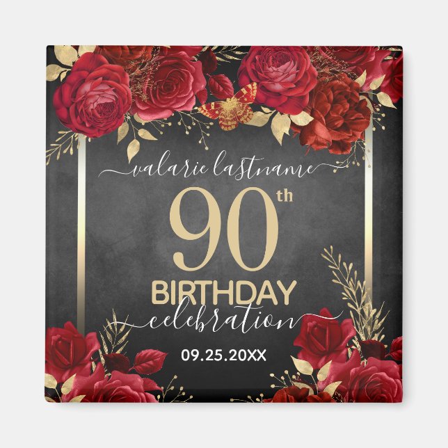 Red Roses 90 cumpleaños Salvar el imán de fecha (Frente)
