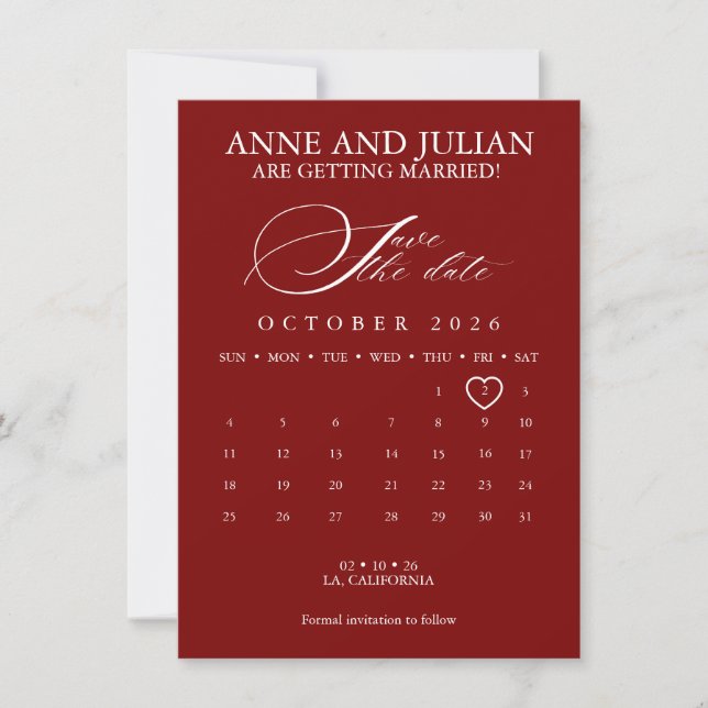Red Save the date card calendar & photo (Anverso)
