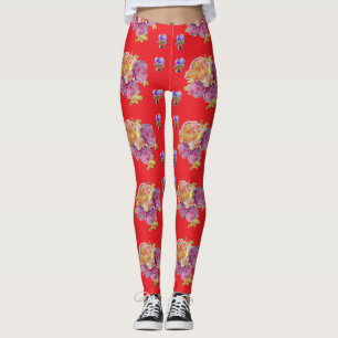 Red Shabby Chic Rosas Rosa Floral Leggings