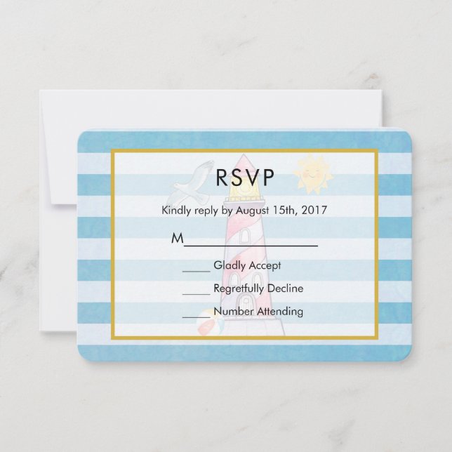 Red Striped Watercolor Lighthouse Wedding RSVP (Anverso)