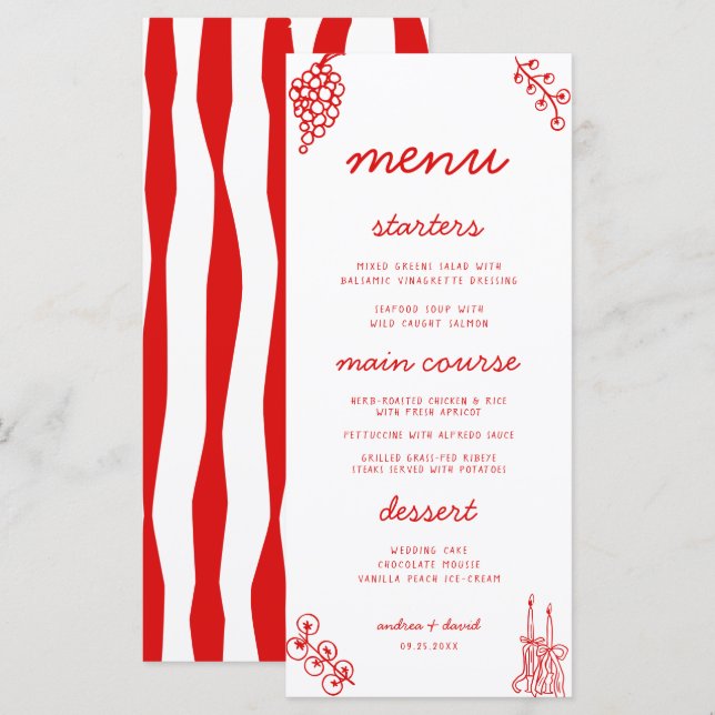 Red Stripes Retro Hand Drawn Italian Wedding Menu (Anverso / Reverso)
