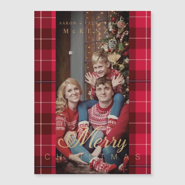 Red Tartan Plaid Merry Christmas Photo Family (Anverso)