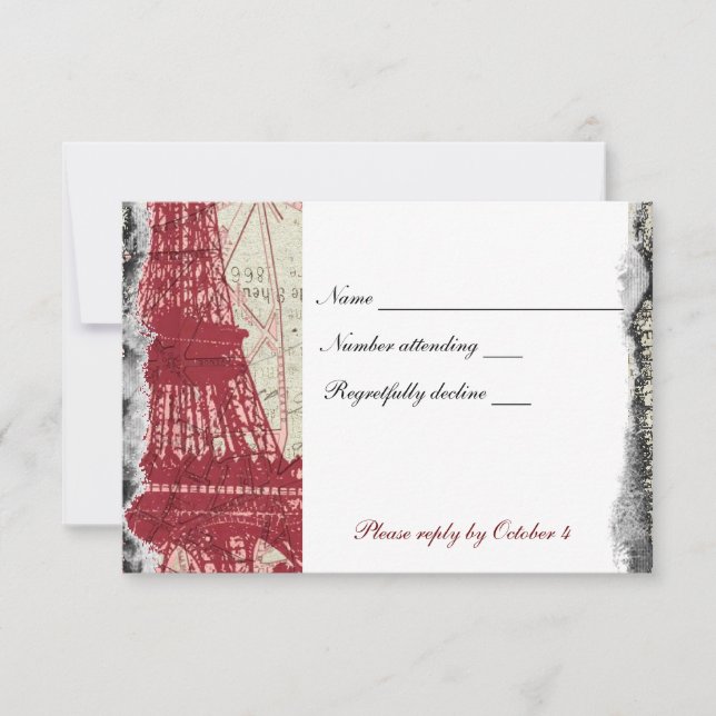 Red Tattered Paris Eiffel Tower rsvp con sobre (Anverso)