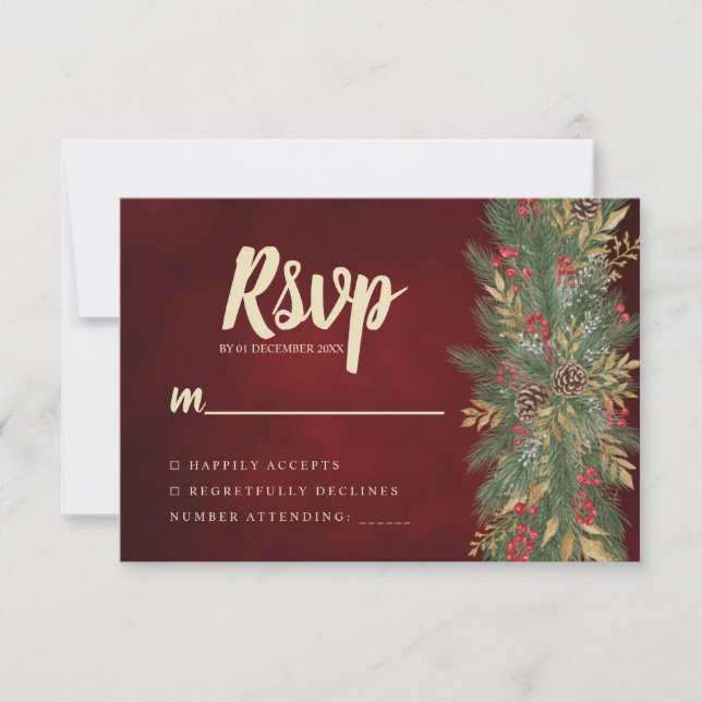 Red Velvet Christmas Botanical Wedding RSVP Card (Anverso)
