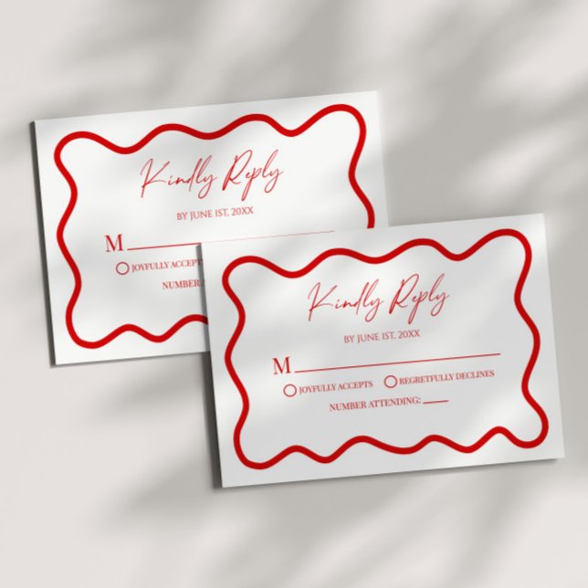 Red White Elegant Wavy Border Wedding RSVP Card (Subido por el creador)
