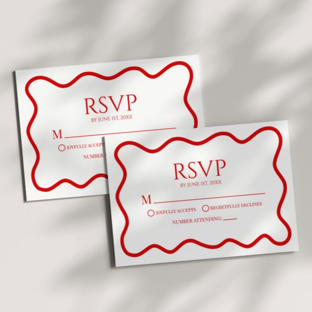 Red White Elegant Wavy Border Wedding RSVP Card (Subido por el creador)