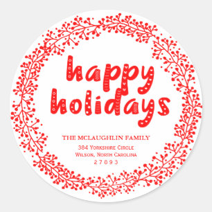 Red Wreath Happy Holidays Return Address Pegatina
