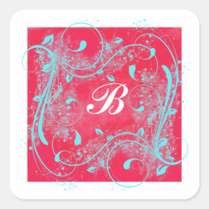 Red y Aqua Swirls Pegatina Monogramada de 1,5"
