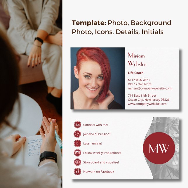 Red y tarjeta profesional de entrenador de vida (Professional Life Coach Networking & Business Card, Photo, Social Icons, Initials)