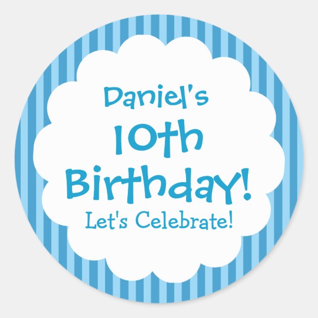 Redonda 10.ª Pegatina de cumpleaños Blue Stripes V1C (Anverso)