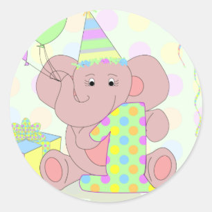 Redonda 1r Pegatina del elefante del cumpleaños para los