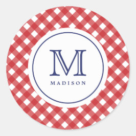 Redonda 4 De Julio Cheques Rojos Pegatina Monograma Azul