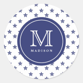 Redonda 4 De Julio Estrellas Monograma Azul Pegatina Fiest