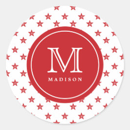 Redonda 4 De Julio Estrellas Monograma Rojo Pegatina Fiest
