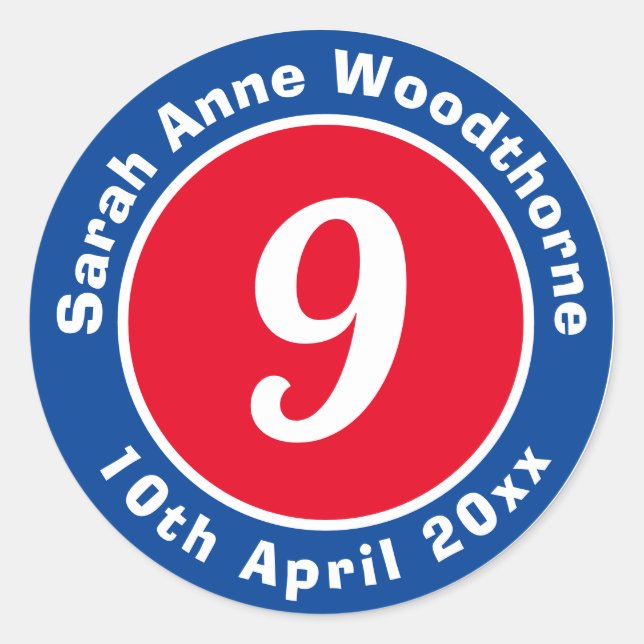 Redonda 9.º Pegatina de cumpleaños con nombre y fecha (Anverso)