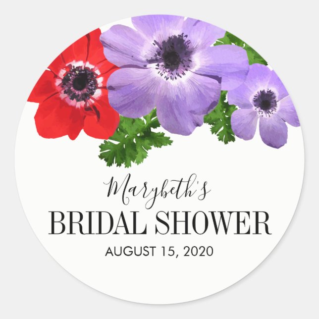Redonda Acuarela Anemone Floral Bridal Shower Pegatina (Anverso)