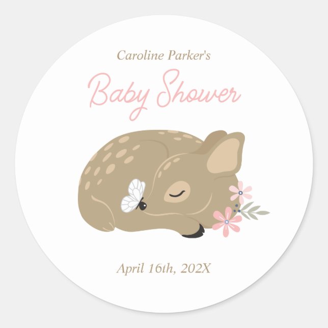 Redonda Adorable Fawn Baby Shower Classic Round Pegatina (Anverso)