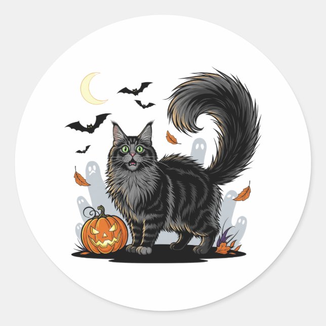 Redonda Alarmante truco - Pegatina de Maine Coon Halloween (Anverso)