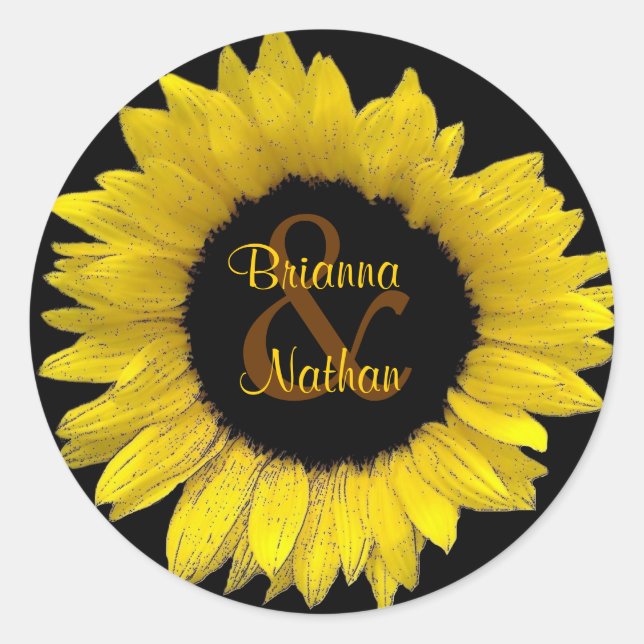 Redonda Alegre Pegatina Boda de girasol amarillo (Anverso)