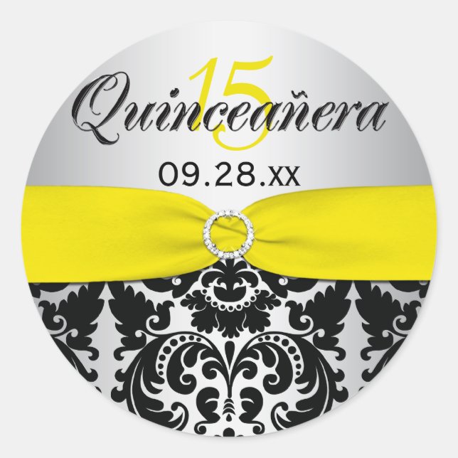 Redonda Amarillo, plata, negro Pegatina de Quinceanera Dam (Anverso)