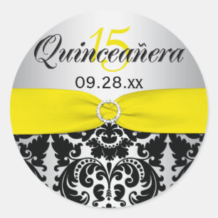 Redonda Amarillo, plata, pegatina negro de Quinceanera del