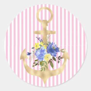 Redonda Ancla de oro con Pegatina de flores azules