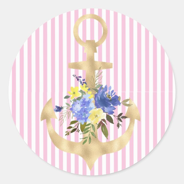 Redonda Ancla de oro con Pegatina de flores azules (Anverso)
