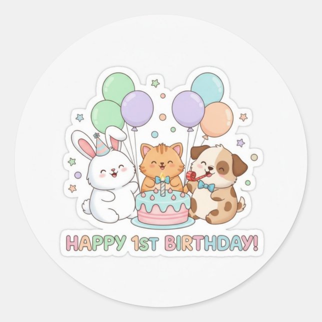 Redonda Animales bebés de cumpleaños con pegatina (Anverso)