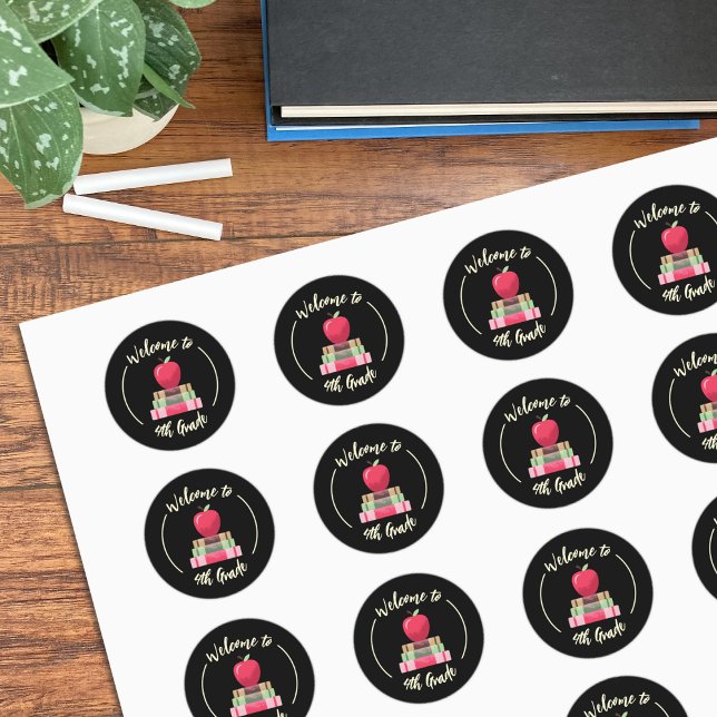 Redonda Apple y Books anuncian la Pegatina de regreso a la (Apple and books faux chalkboard back-to-school sticker sheet .)