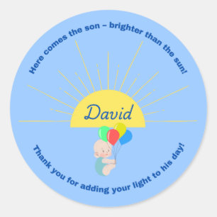 Redonda Aquí viene el Pegatina de Baby Shower del hijo